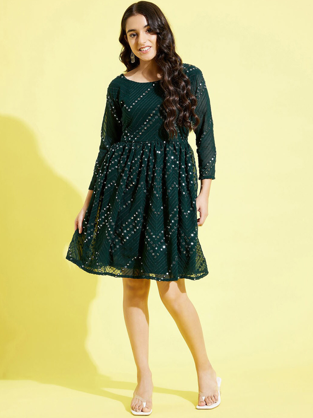 

VASTRAMAY Girls Green Embellished Relaxed-Fit Ethnic Dresses