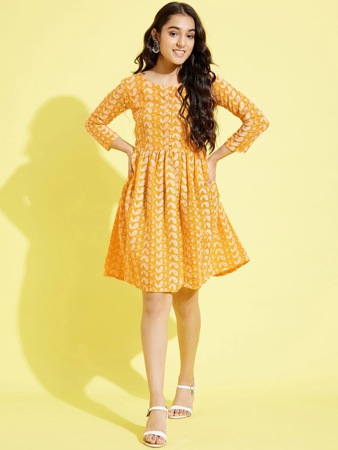 

VASTRAMAY Girls Orange Chikankari Pure Cotton Ethnic Dress