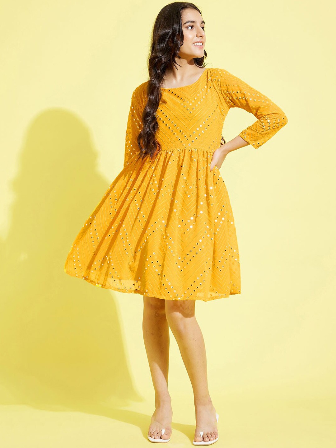 

VASTRAMAY Girls Yellow Embellished Relaxed-Fit Ethnic Dresses