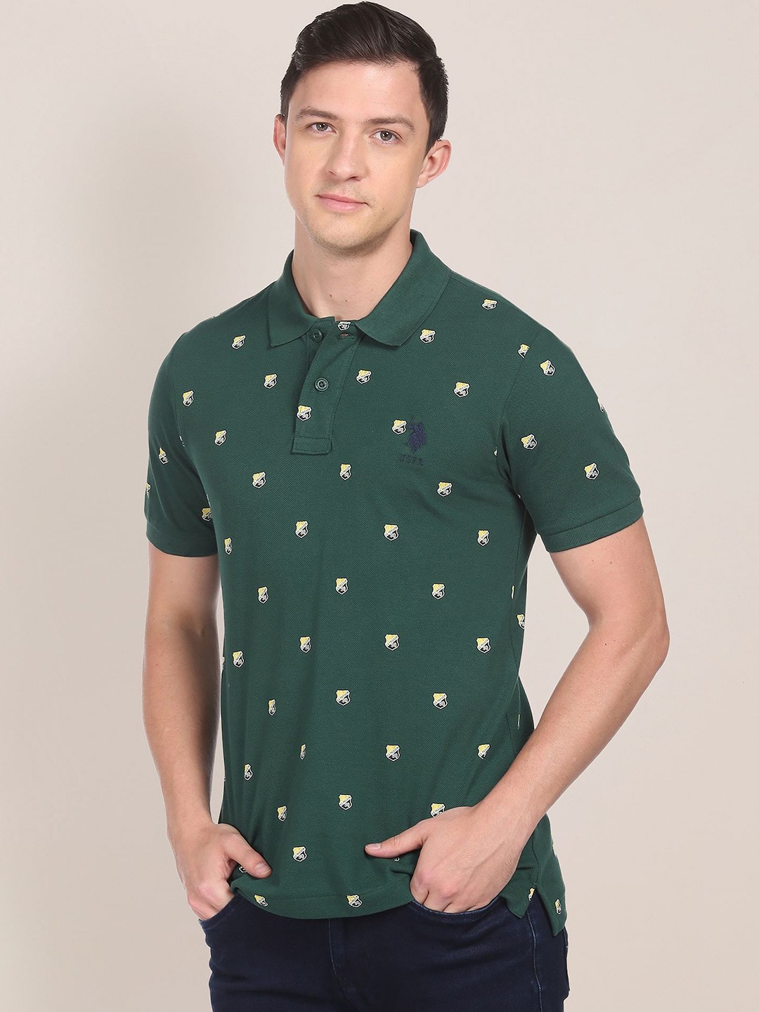 

U.S. Polo Assn. Men Printed Polo Collar Shield Print Shirt, Green