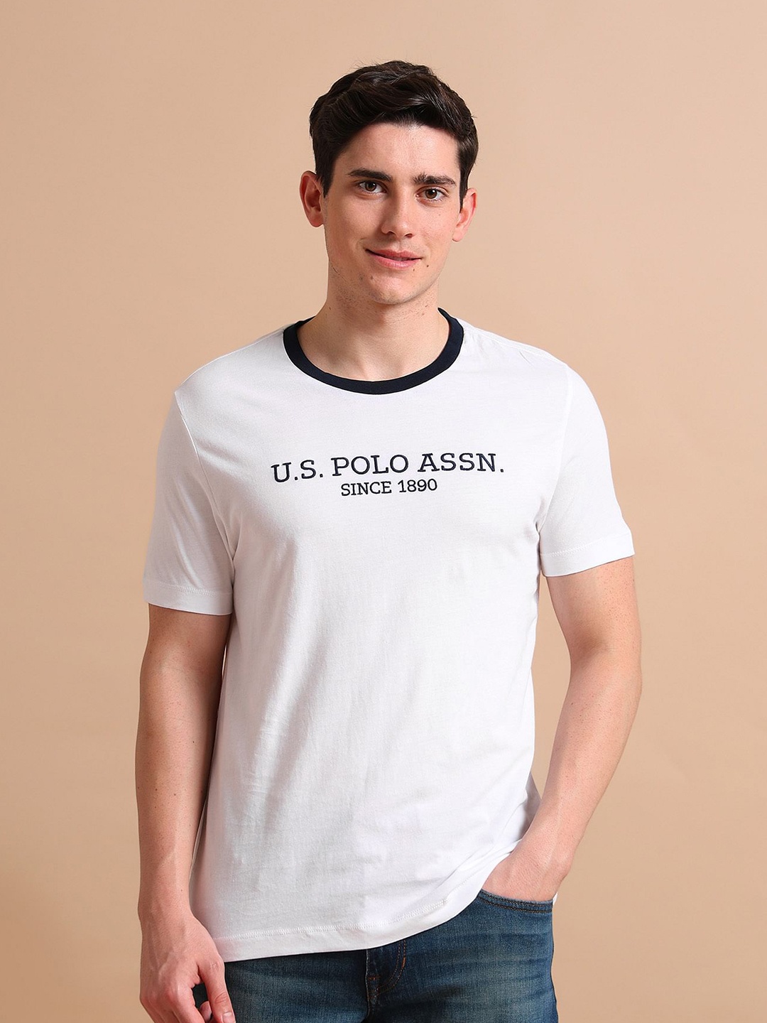 U S Polo Assn Men White Typography Embroidered Logo T-Shirt
