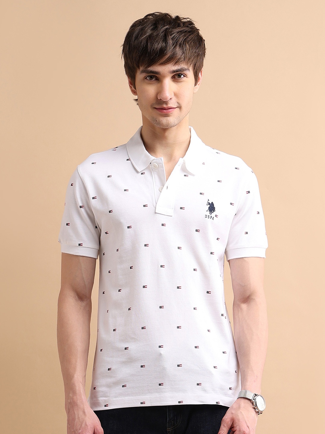 

U S Polo Assn Men White Printed Flag Print Polo Cotton T-shirt