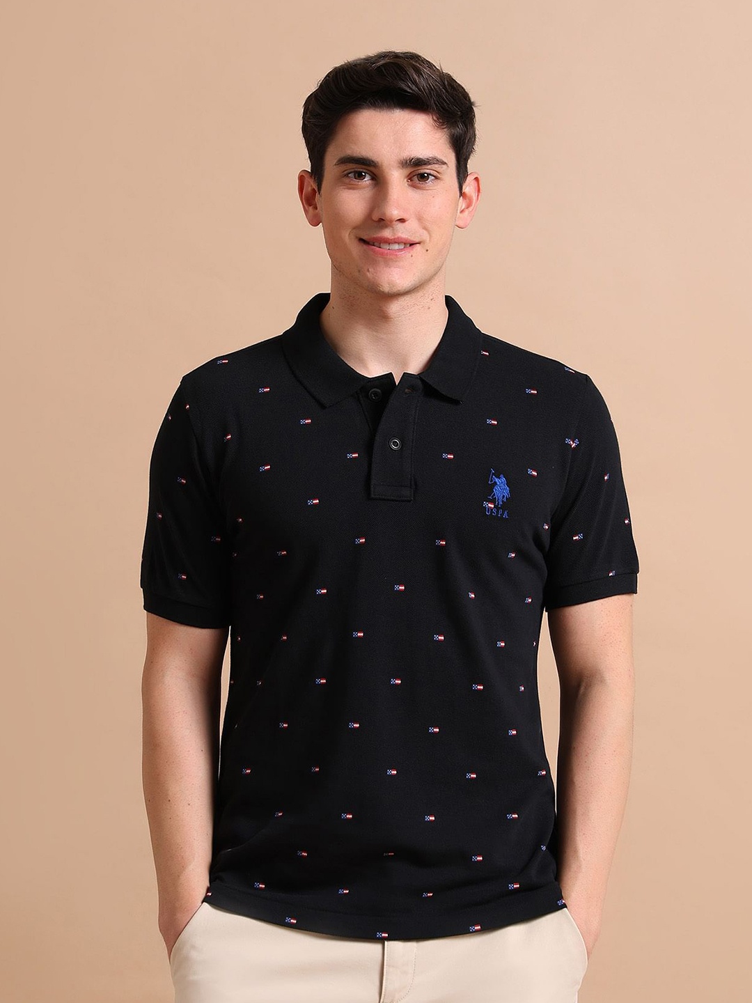 

U.S. Polo Assn. Men Flag Print Polo Collar Cotton T-shirt, Black