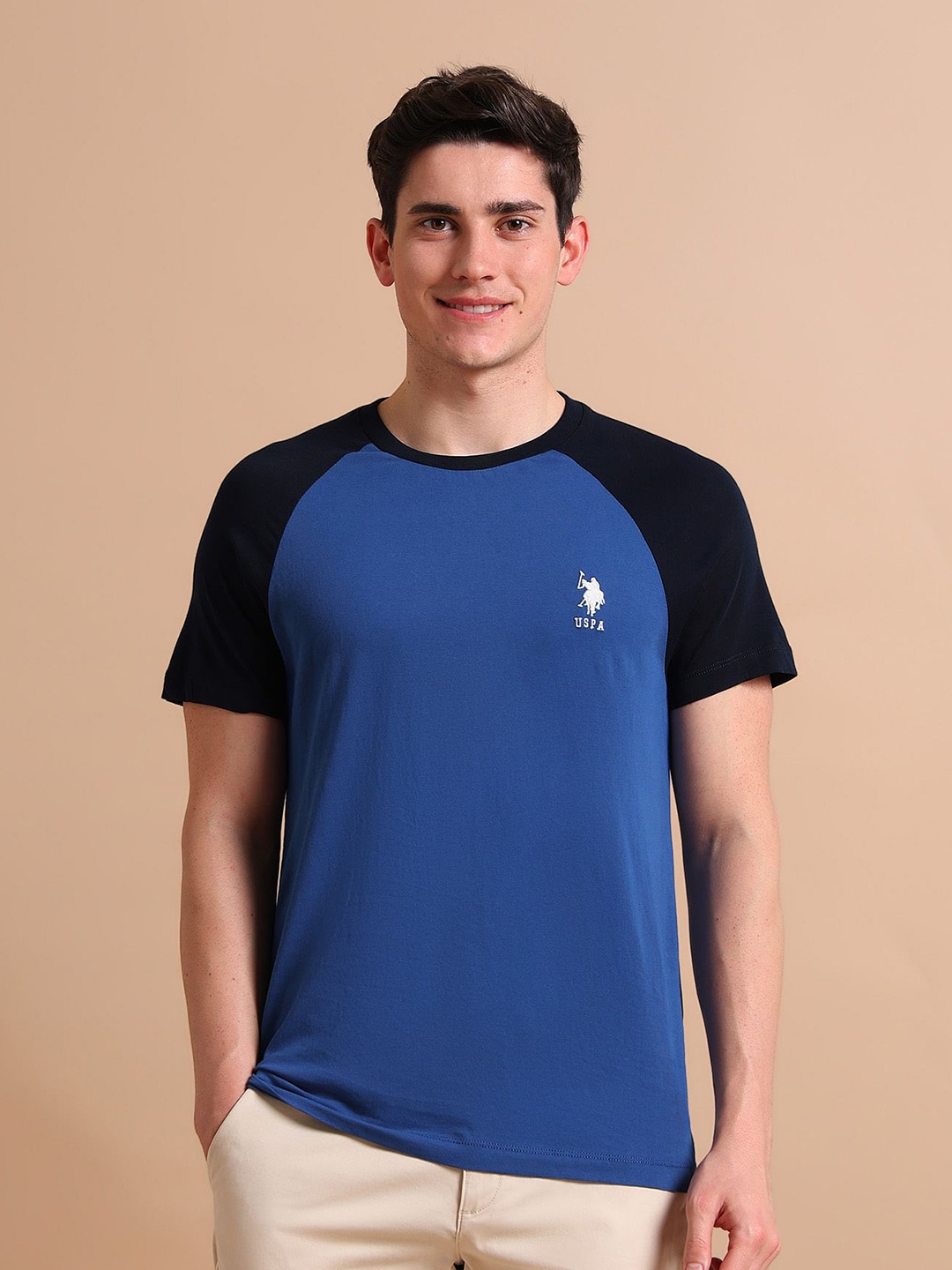 

U.S. Polo Assn. Men Colourblock Pure Cotton T-Shirt, Blue