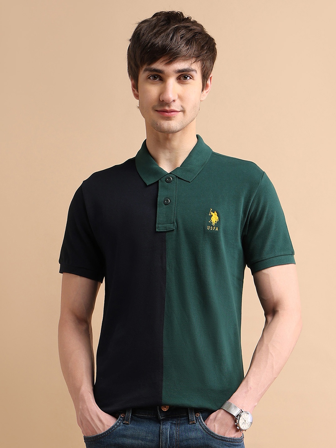 

U.S. Polo Assn. Men Pure Cotton Colourblock Polo T-Shirt, Green