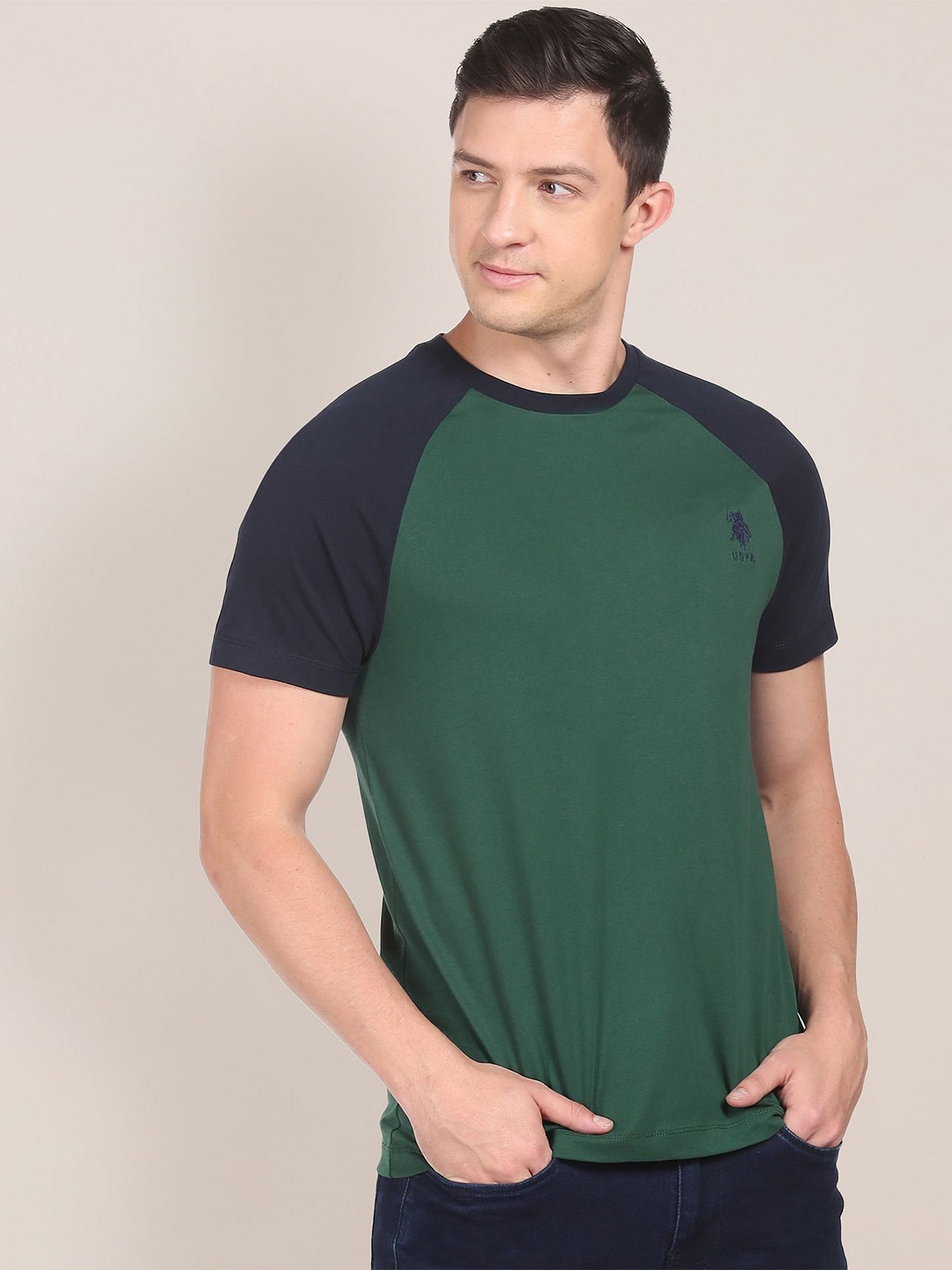 

U S Polo Assn. Men Green & Black Varsity Colourblocked Cotton T-Shirt