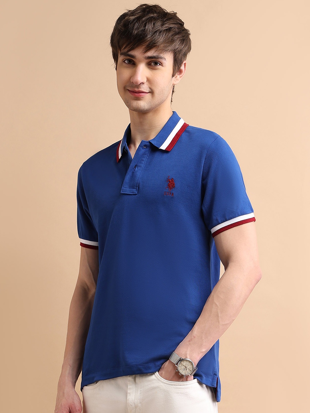 

U.S. Polo Assn. Men Blue Solid Heritage Tipped Polo Collar Cotton T-shirt