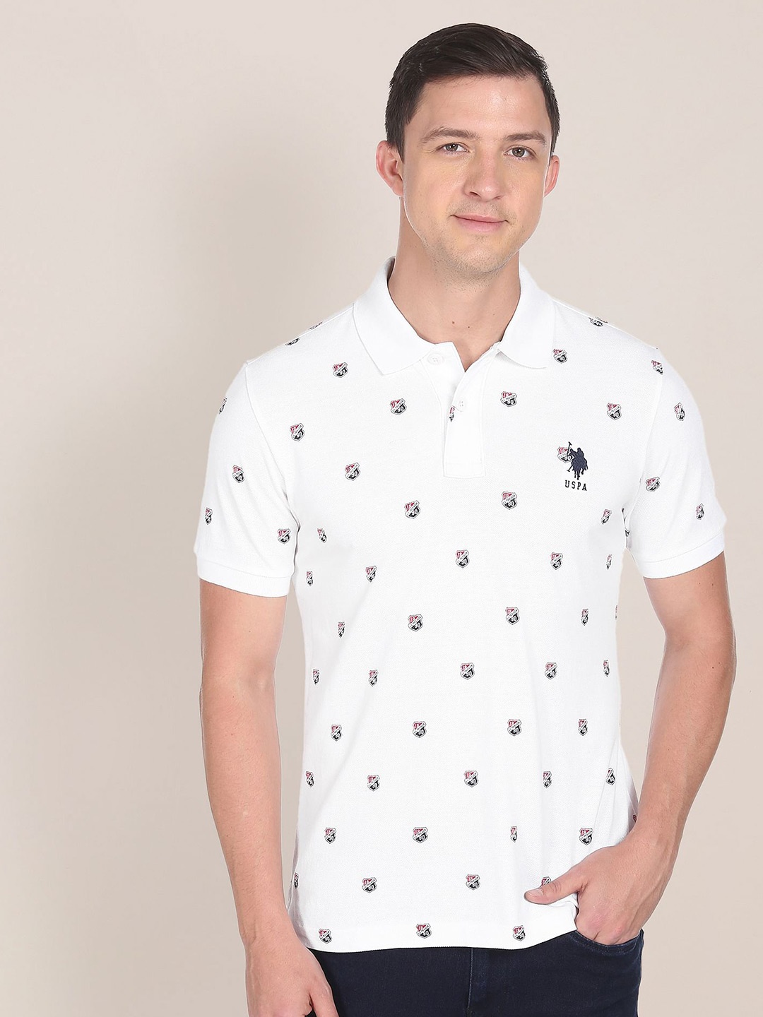 

U.S. Polo Assn. Men Pure Cotton Shield Print Polo Shirt, White