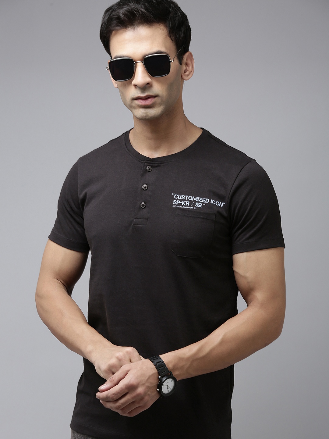 

SPYKAR Typography Placement Print Henley Neck Slim Fit T-shirt, Black