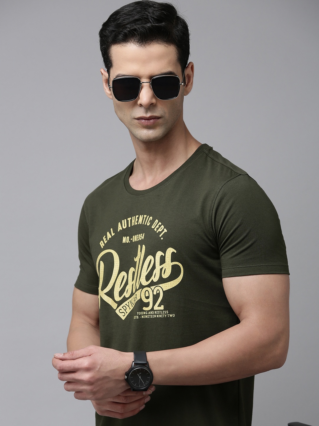 SPYKAR Brand Logo Printed Slim Fit T-shirt, Olive