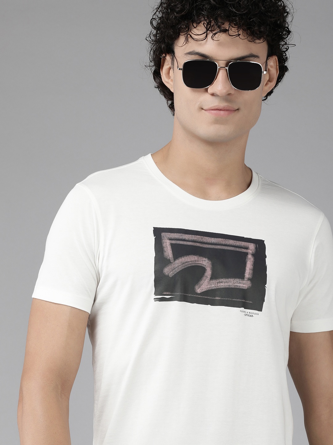 

SPYKAR Men Graphic Printed Round Neck Slim Fit T-shirt, Cream
