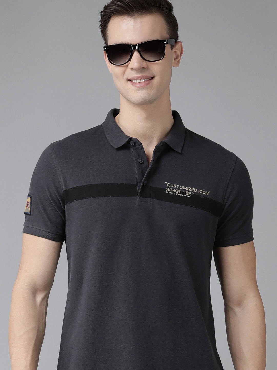 

SPYKAR Men Brand Logo Printed Polo Collar Pure Cotton Slim Fit T-shirt, Grey