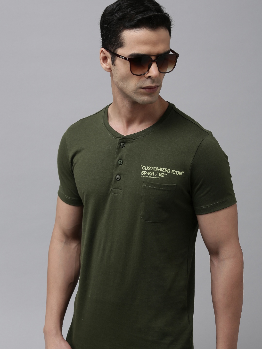 

SPYKAR Typography Printed Henley Neck Pocket Slim Fit T-shirt, Olive