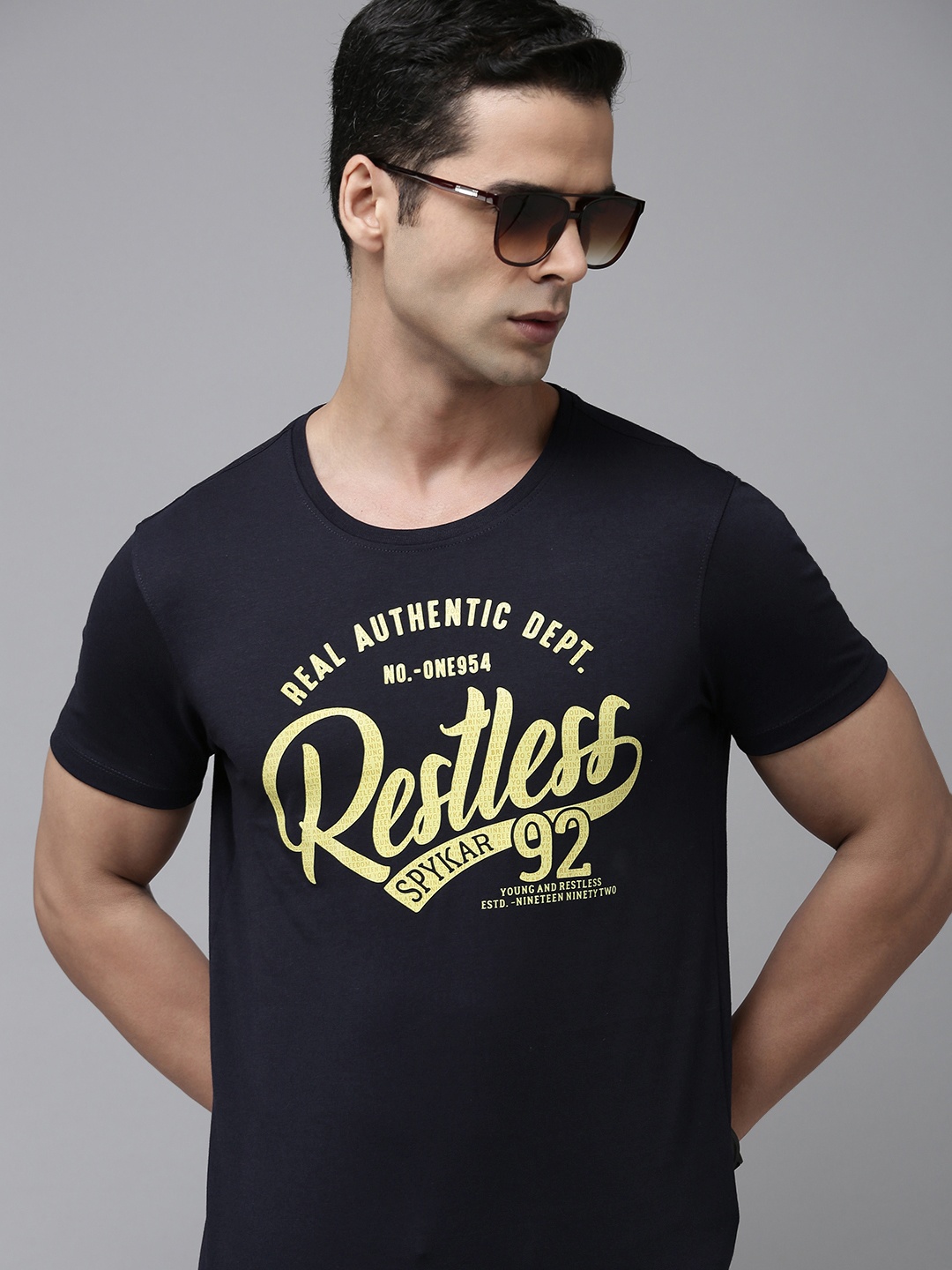 

SPYKAR Brand Logo Printed Slim Fit Casual T-shirt, Navy blue