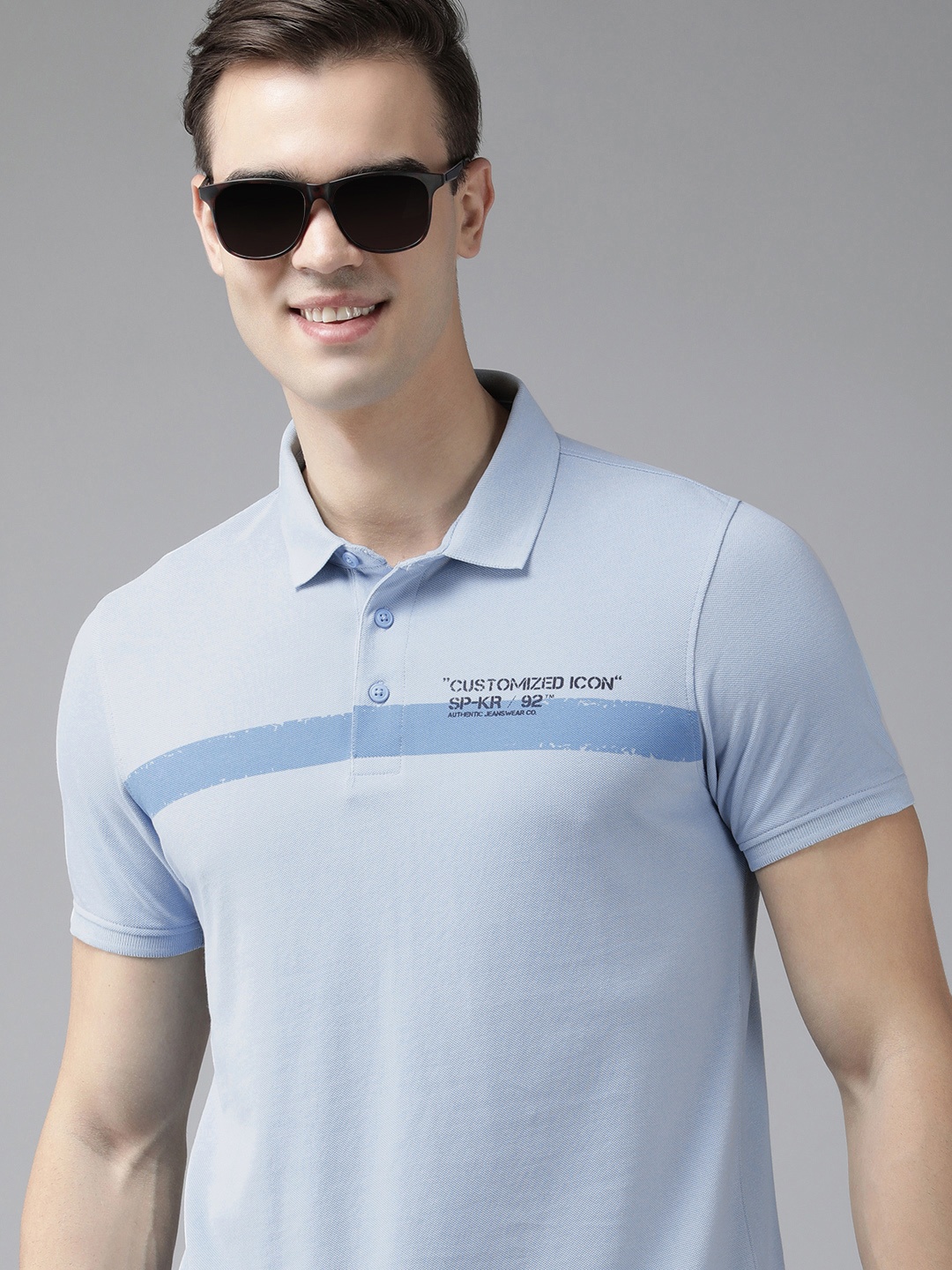 

SPYKAR Men Pure Cotton Striped Polo Collar Applique T-shirt, Blue