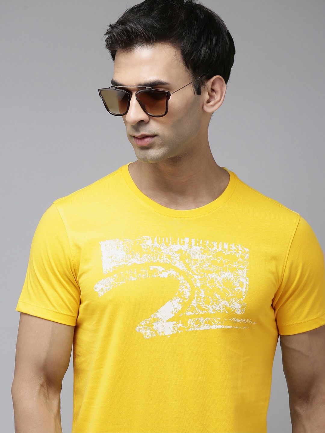 

SPYKAR Round Neck Abstract Printed Slim Fit T-shirt, Yellow