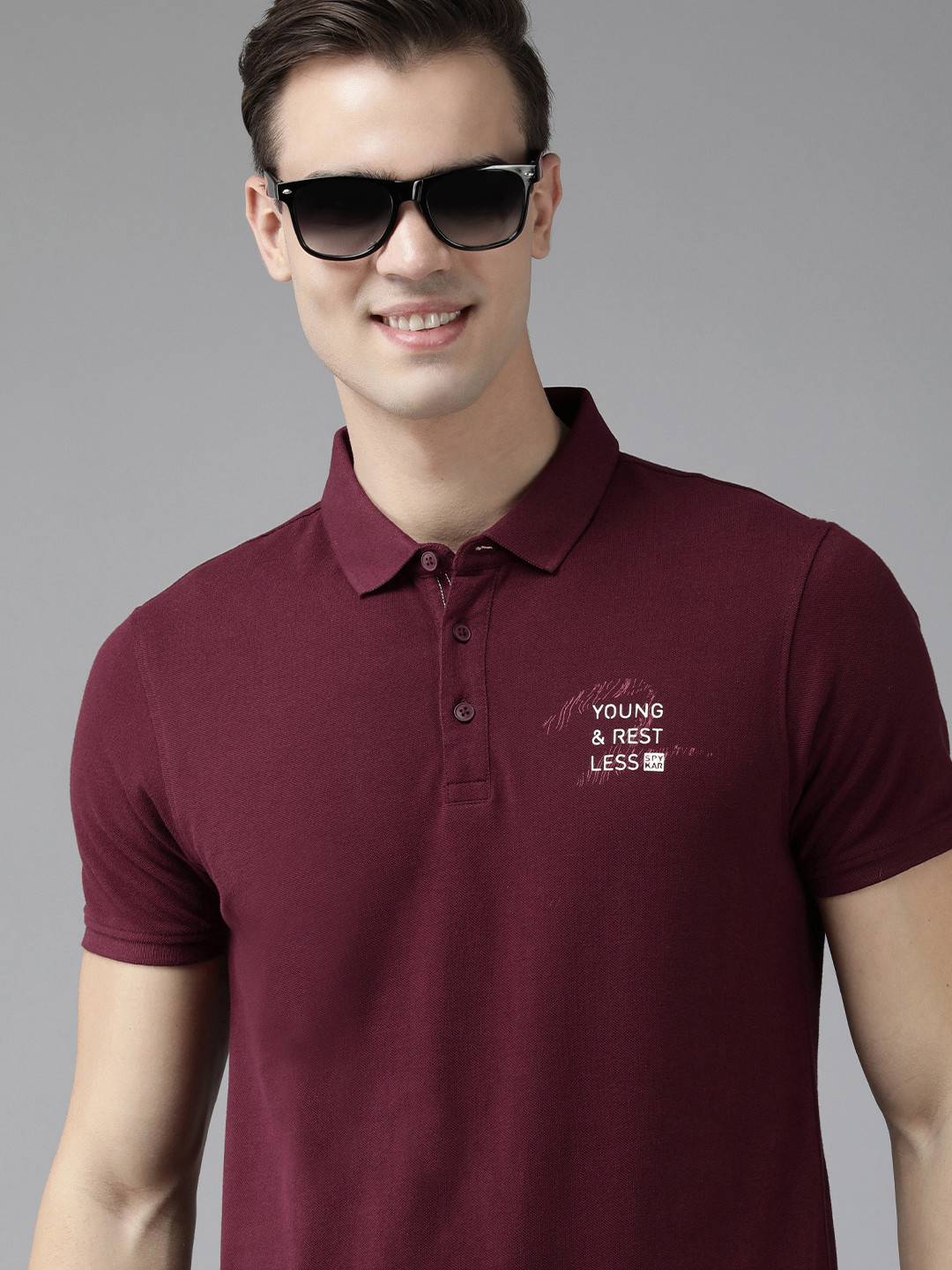 

SPYKAR Men Pure Cotton Printed Polo Collar Slim Fit T-shirt, Maroon