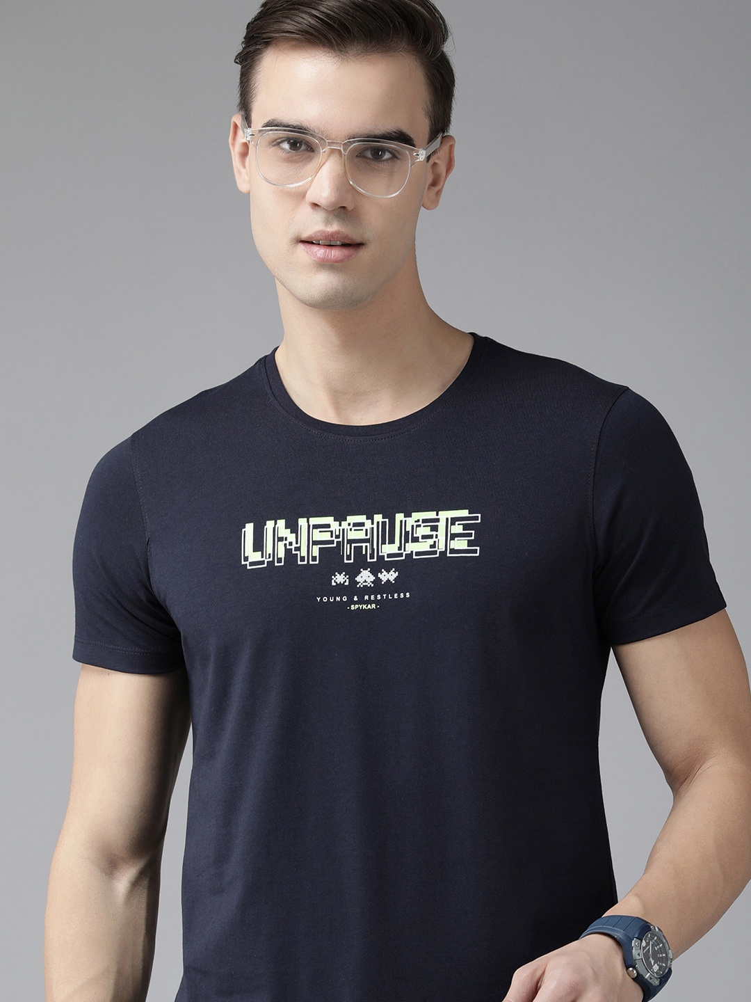 

SPYKAR Men Typography Printed Round Neck T-shirt, Navy blue