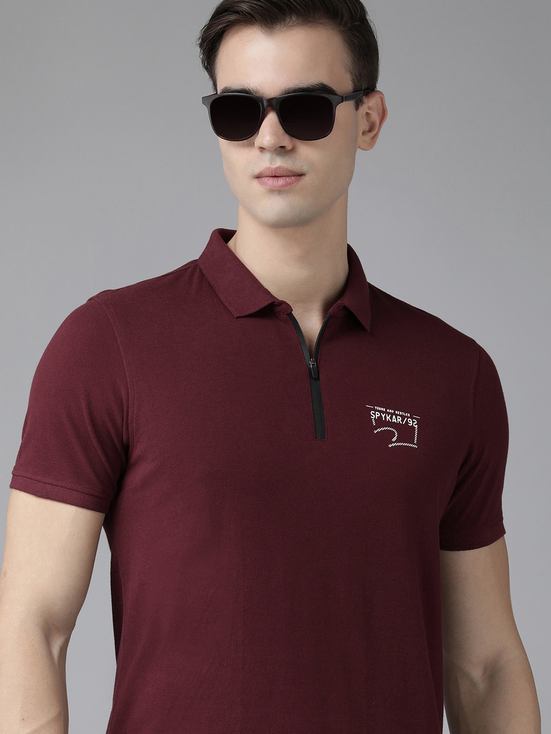 

SPYKAR Men Brand Logo Polo Collar Pure Cotton T-shirt, Maroon