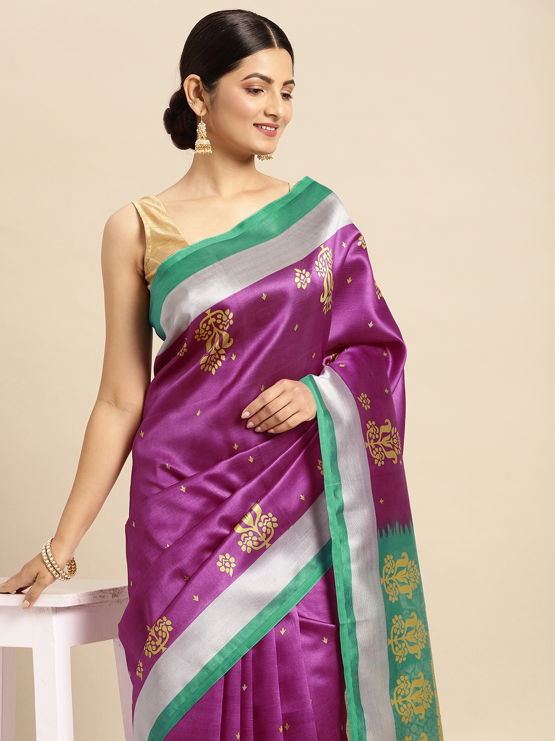 

SANGAM PRINTS Purple & Yellow Ethnic Motifs Art Silk Saree