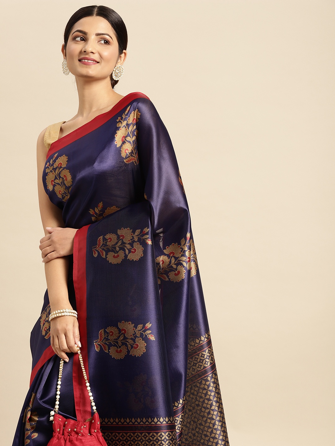 

SANGAM PRINTS Navy Blue & Golden Ethnic Motifs Print Saree