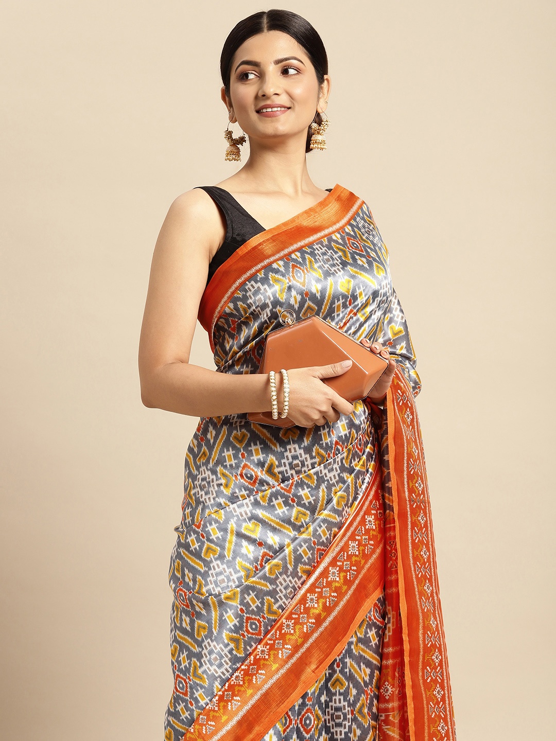 

SANGAM PRINTS Grey & Orange Art Silk Saree