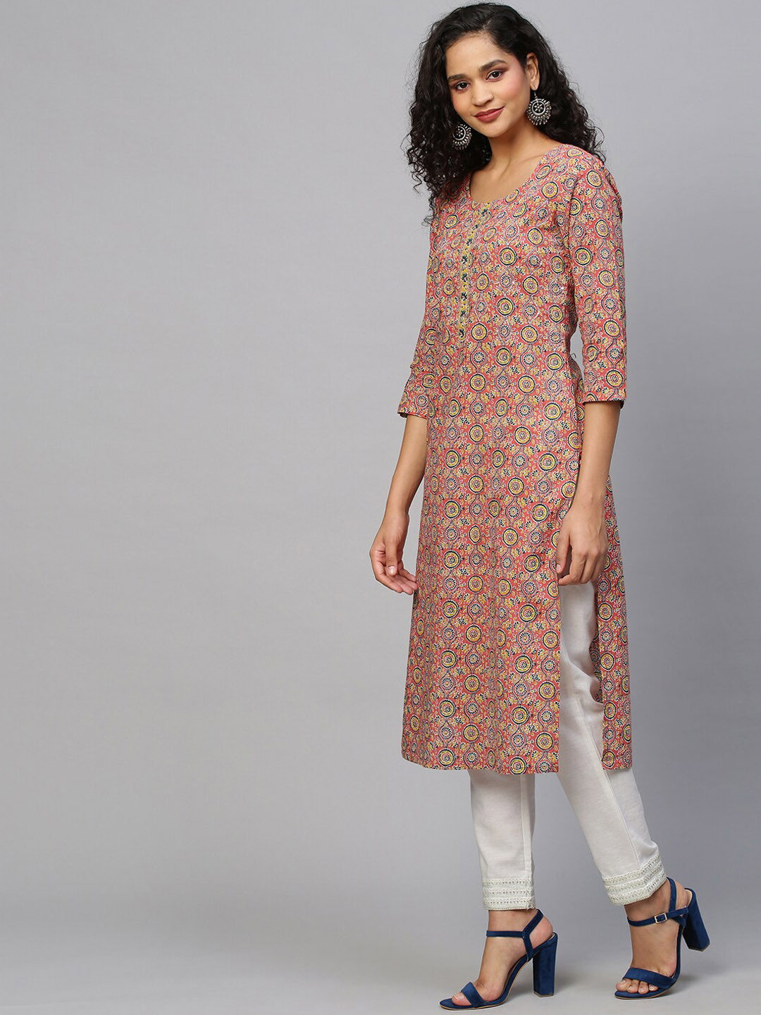 

INDYES Women Pink Printed Embroidered Pure Cotton Kurta, Mauve