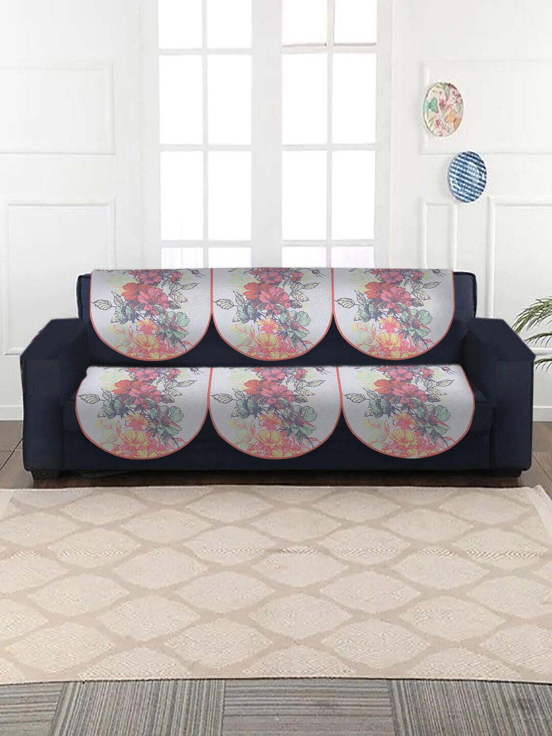 

MULTITEX White & Pink Printed 5 Seater Sofa Covers