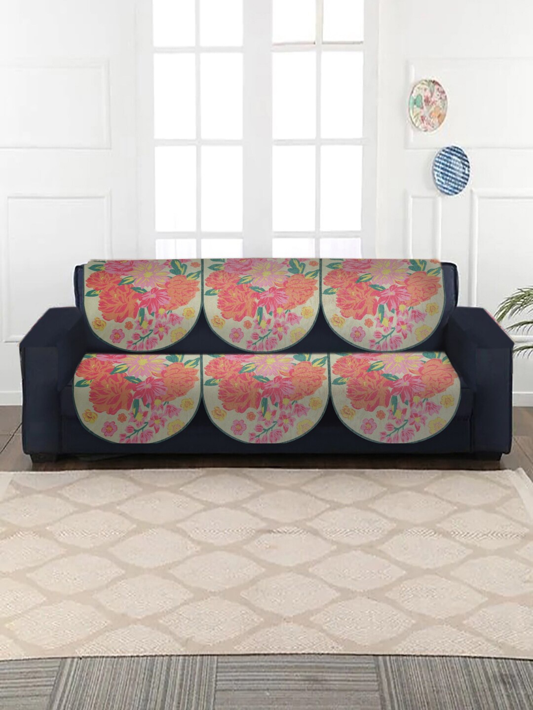 

MULTITEX Beige & Pink 5 Seater Printed Sofa Covers