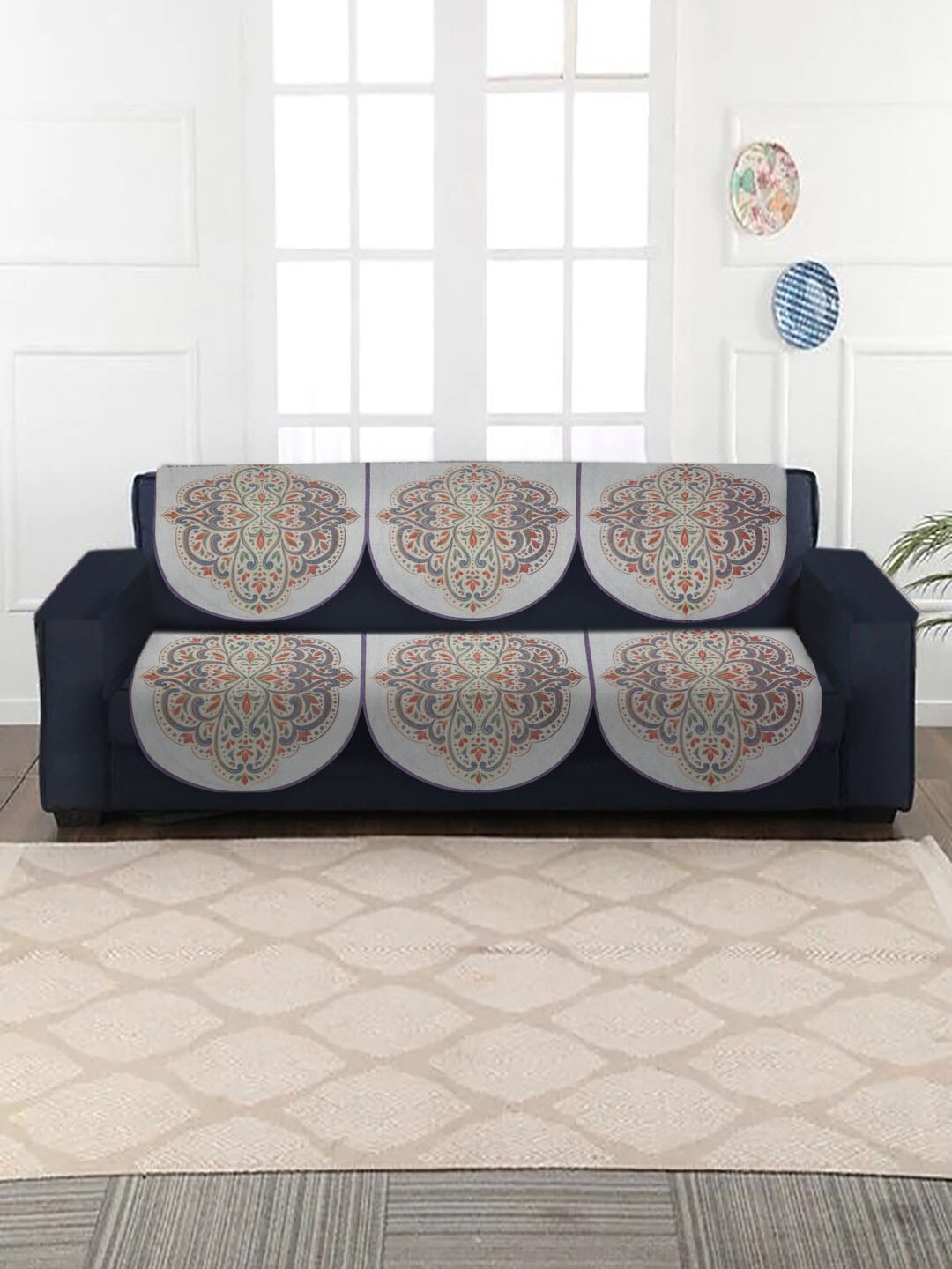 

MULTITEX White & Blue 5 Seater Printed Sofa Covers