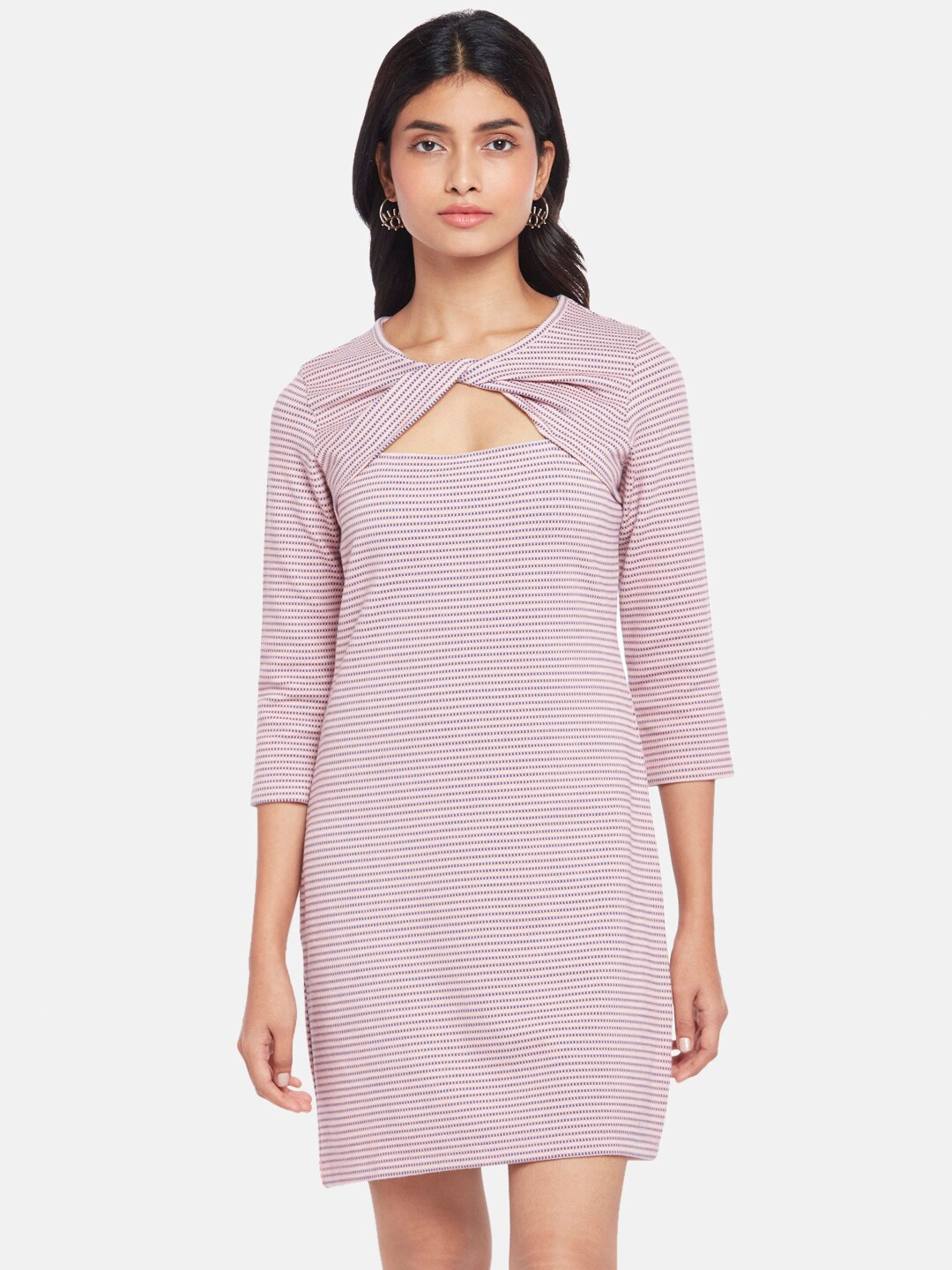 

People Pink Striped Twisted Round Neck Sheath Dress