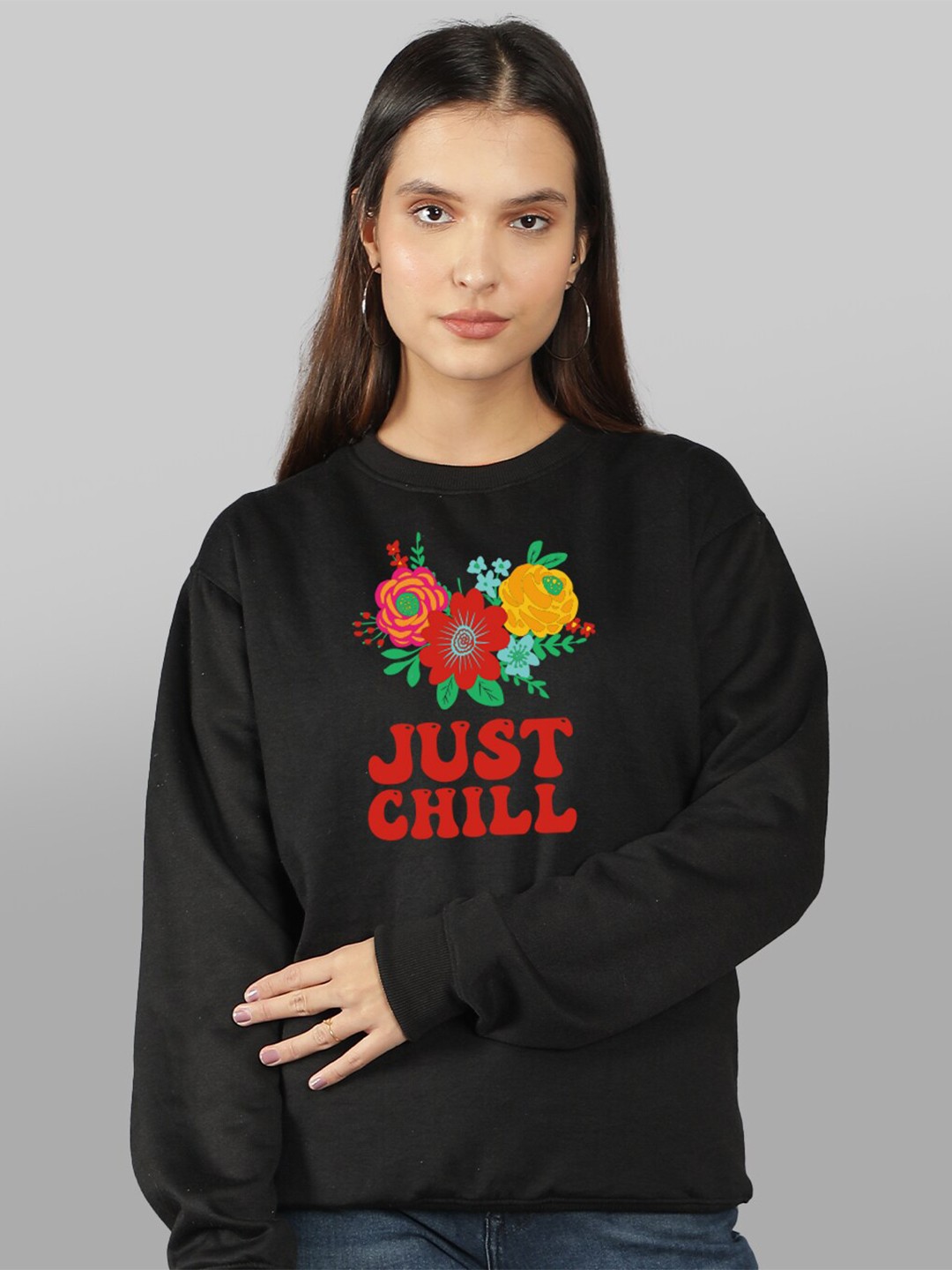 

Mad Over Print Women Black Printed Sweatshirt