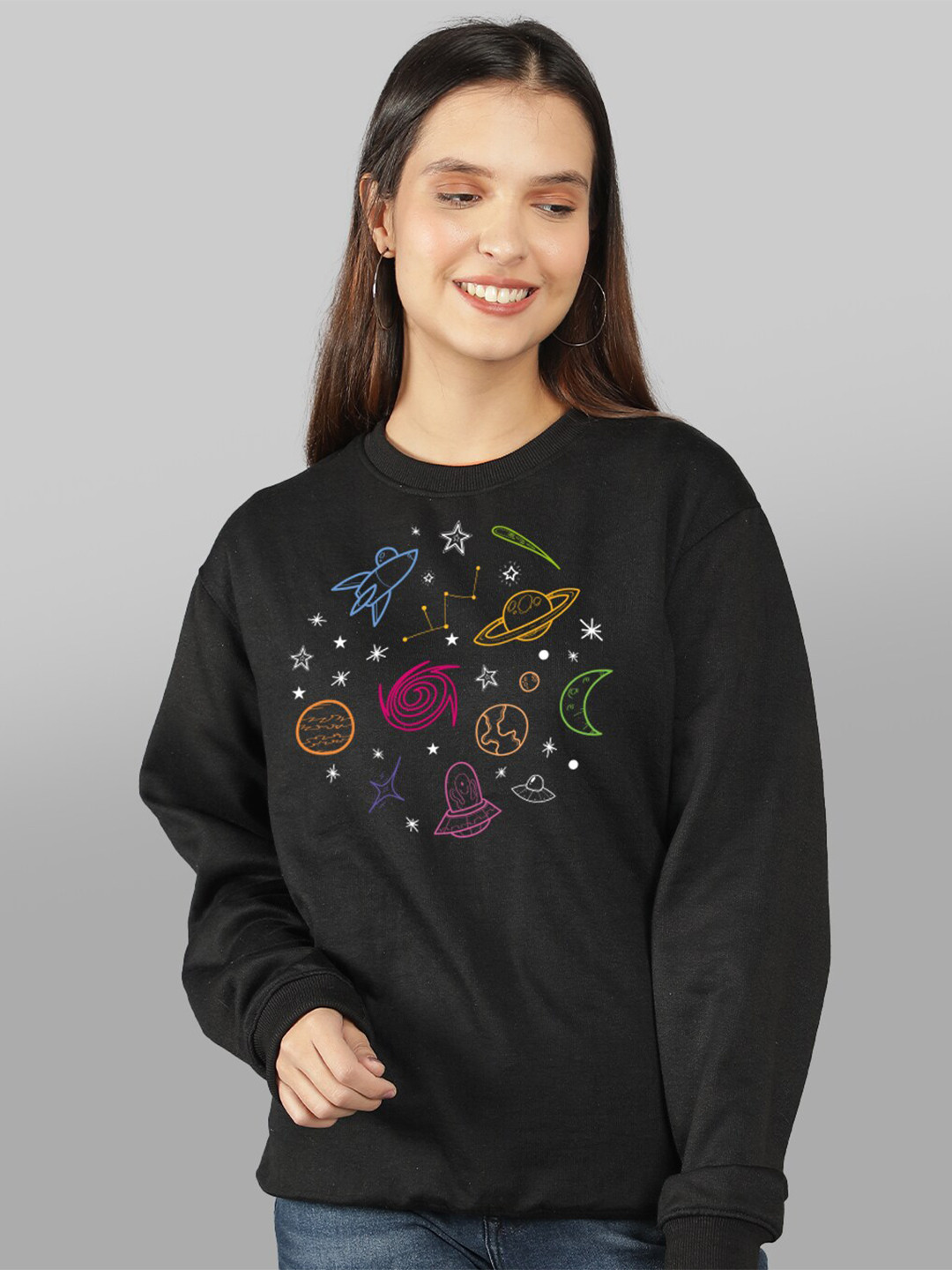 

Mad Over Print Women Black Printed Sweatshirt