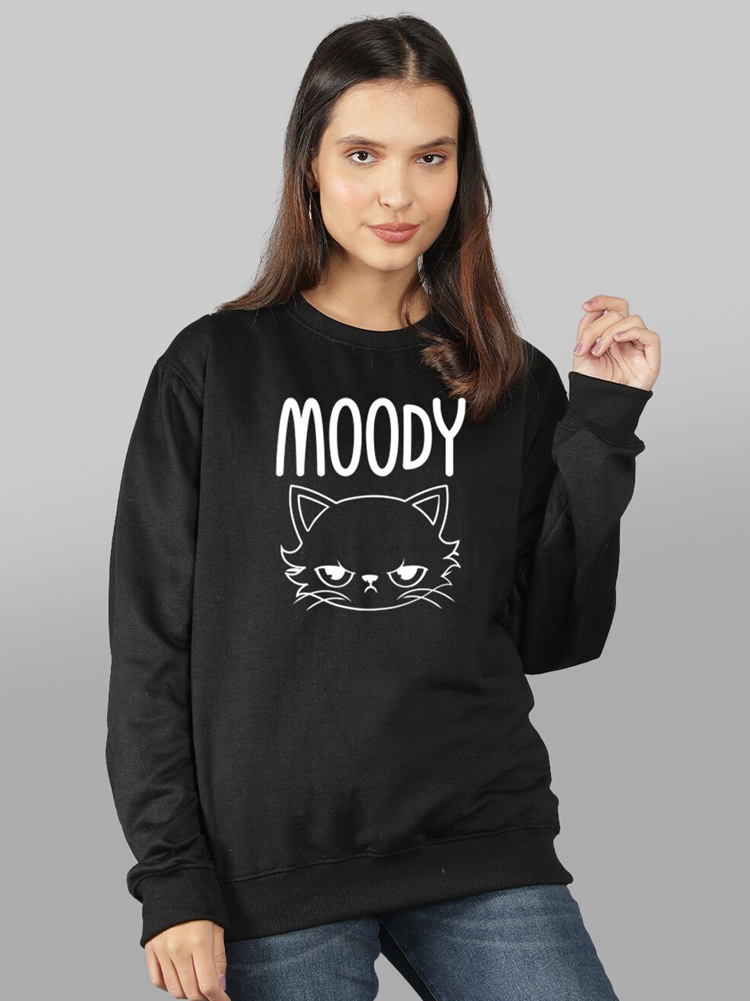 

Mad Over Print Women Black Printed Sweatshirt