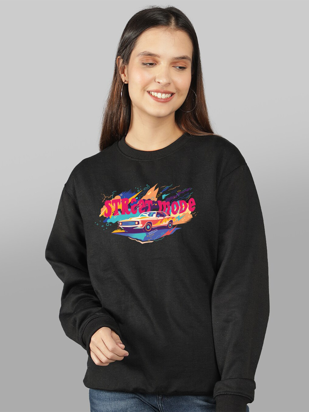 

Mad Over Print Women Black Printed Sweatshirt
