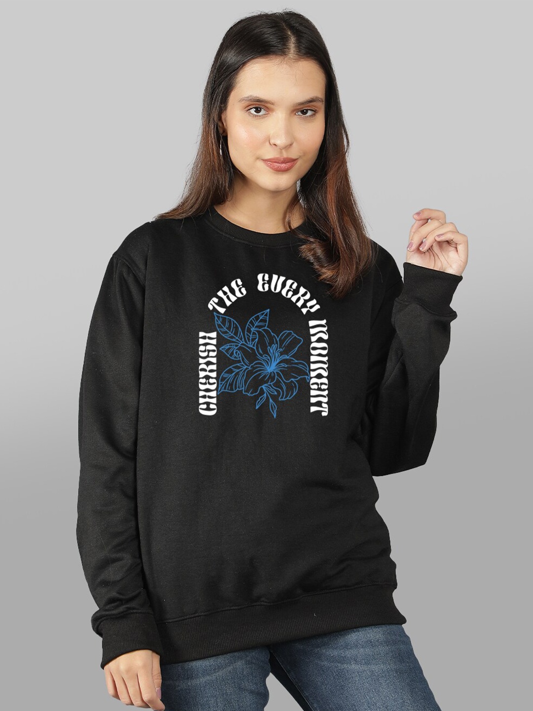 

Mad Over Print Women Black Printed Sweatshirt