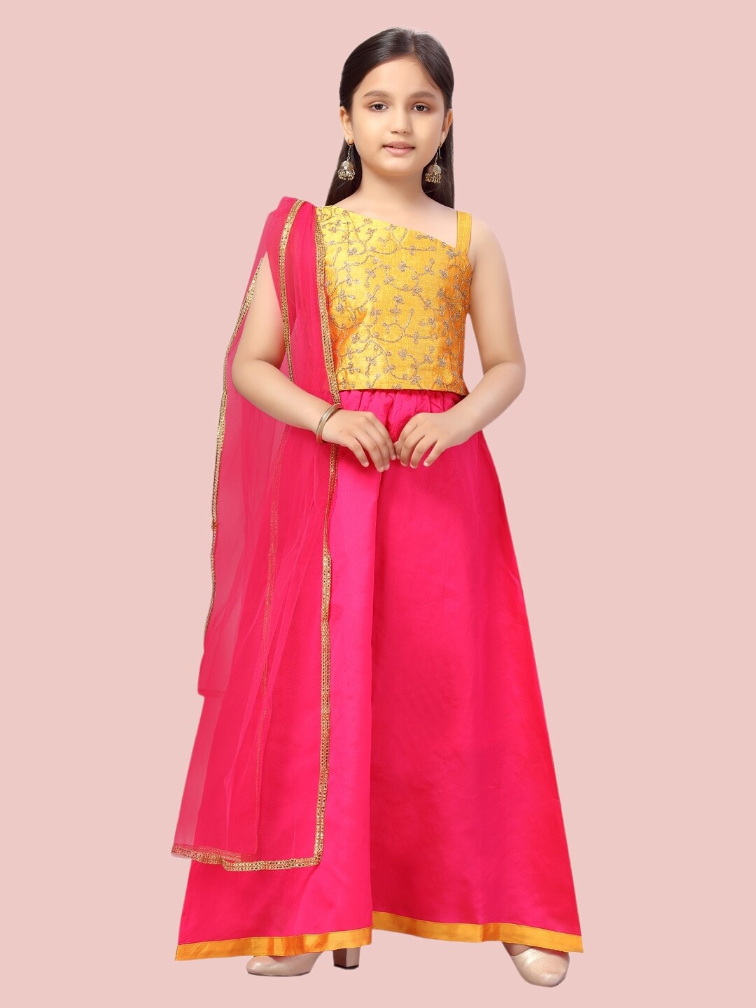 

Aarika Girls Yellow & Pink Embroidered Lehenga Choli With Dupatta