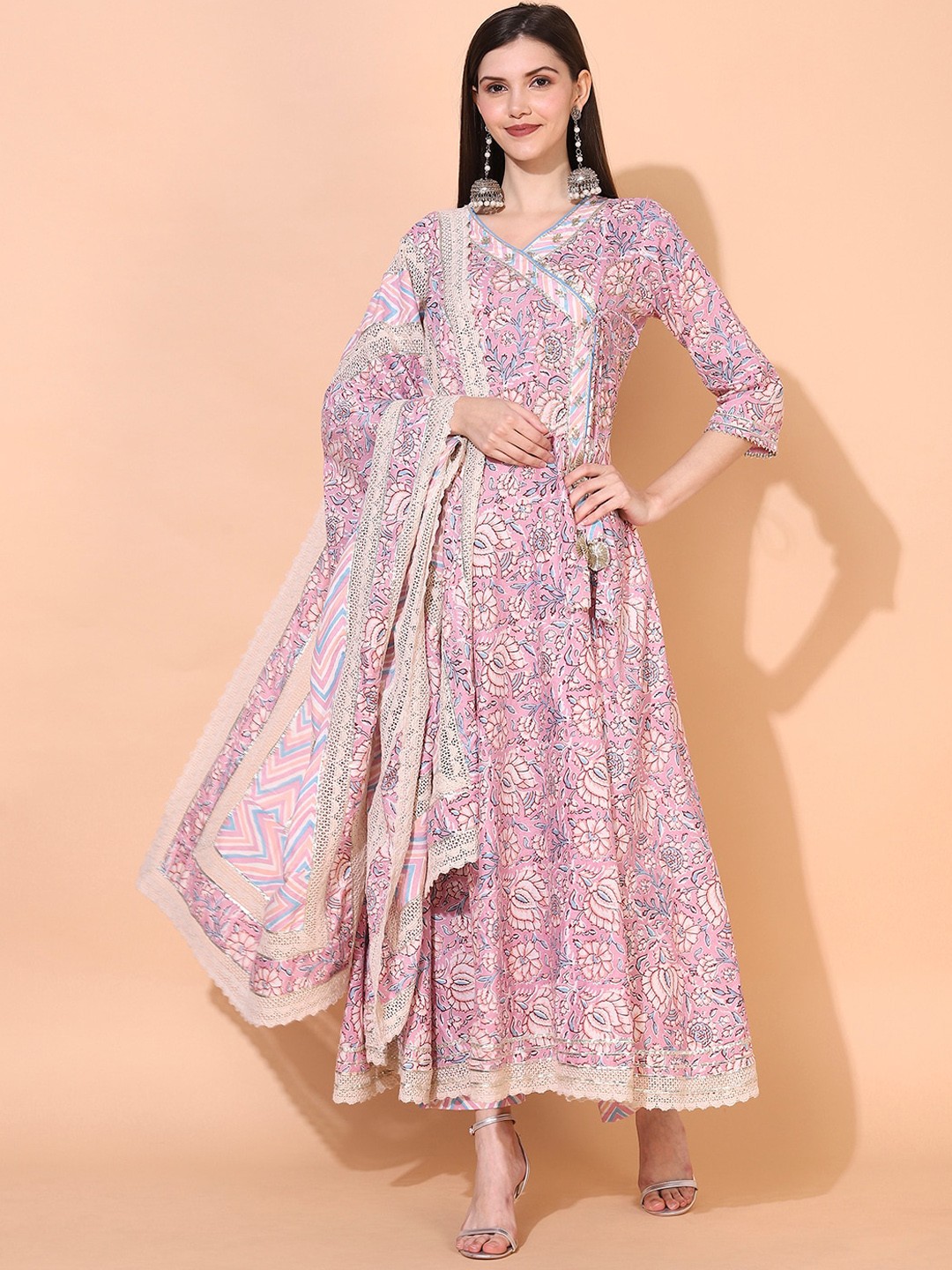 

FASHOR Women Pink & Blue Printed Pure Cotton Angrakha Kurta with Trousers & With Dupatta