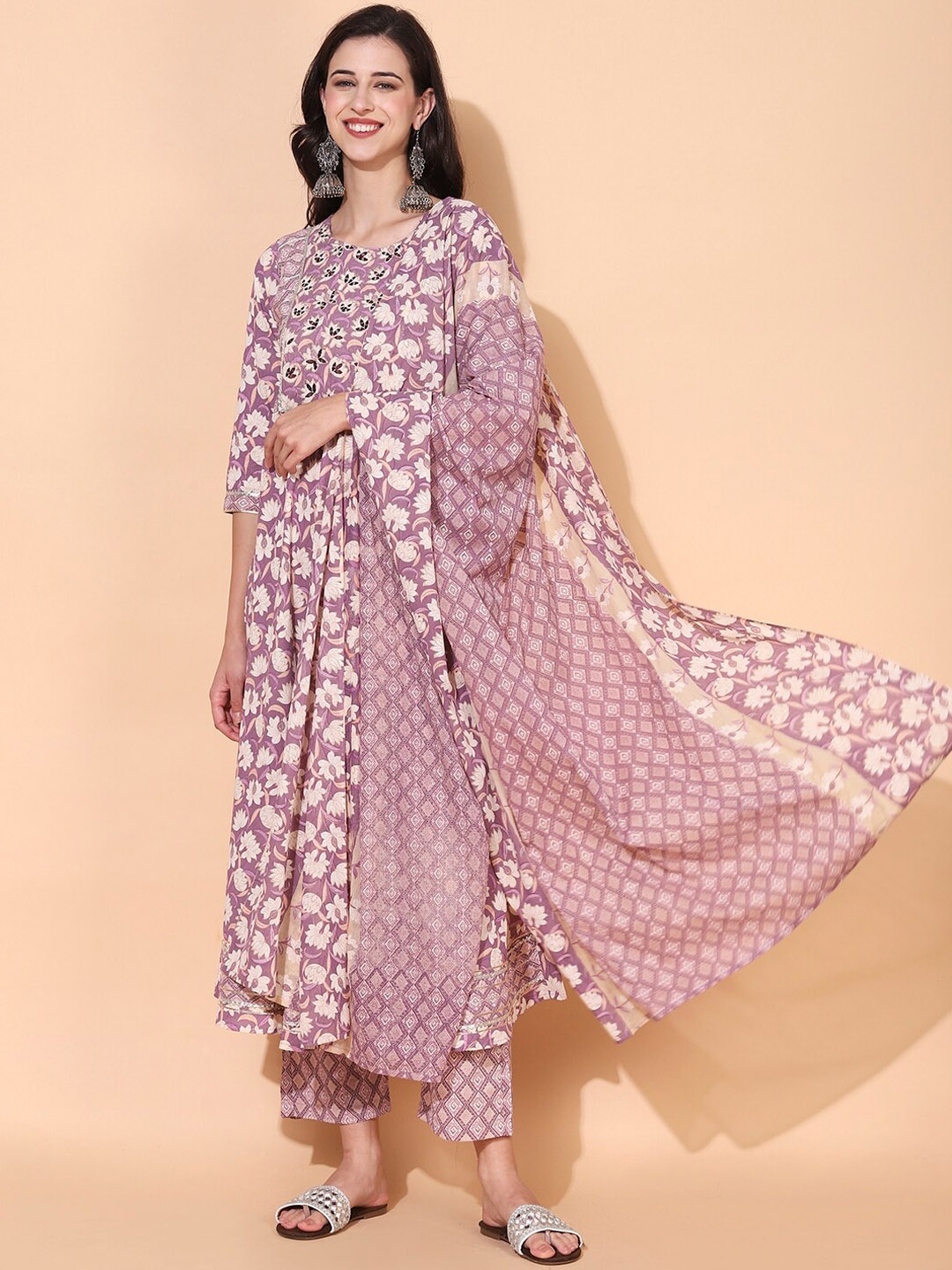 

FASHOR Women Purple & Off White Printed Cotton A-Line Kurta with Trousers & With Dupatta