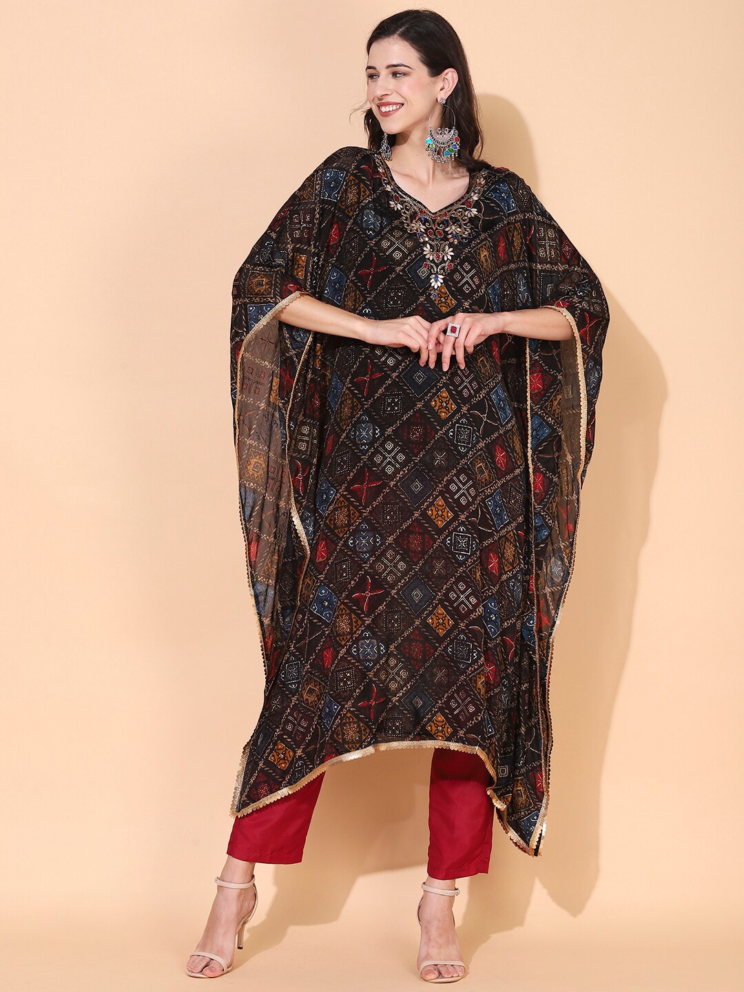 

FASHOR Women Black Ethnic Motifs Printed Flared Sleeves Kaftan Kurta