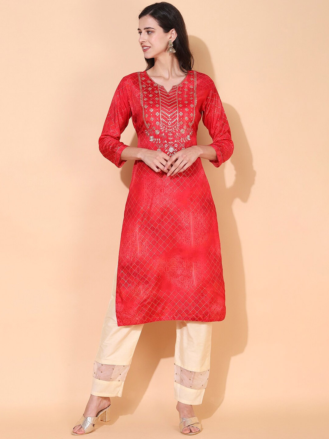 

FASHOR Women Red Checked Printed Embellished Straight Fit Silk Kurta