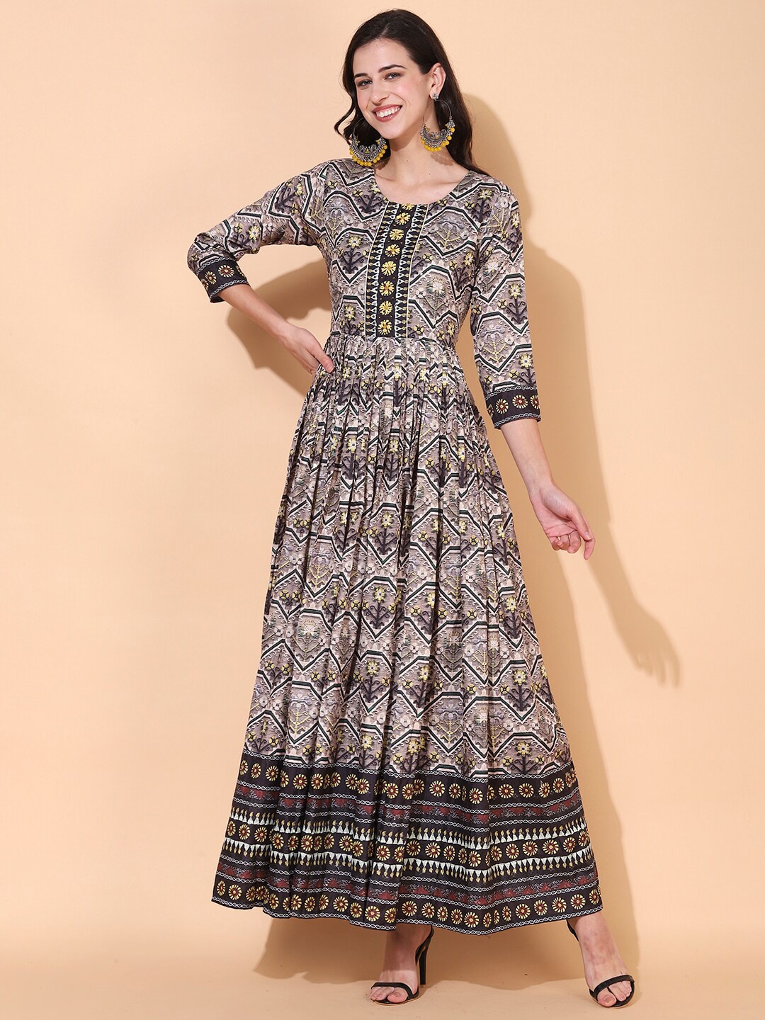 

FASHOR Brown Ethnic Motifs Maxi Dress