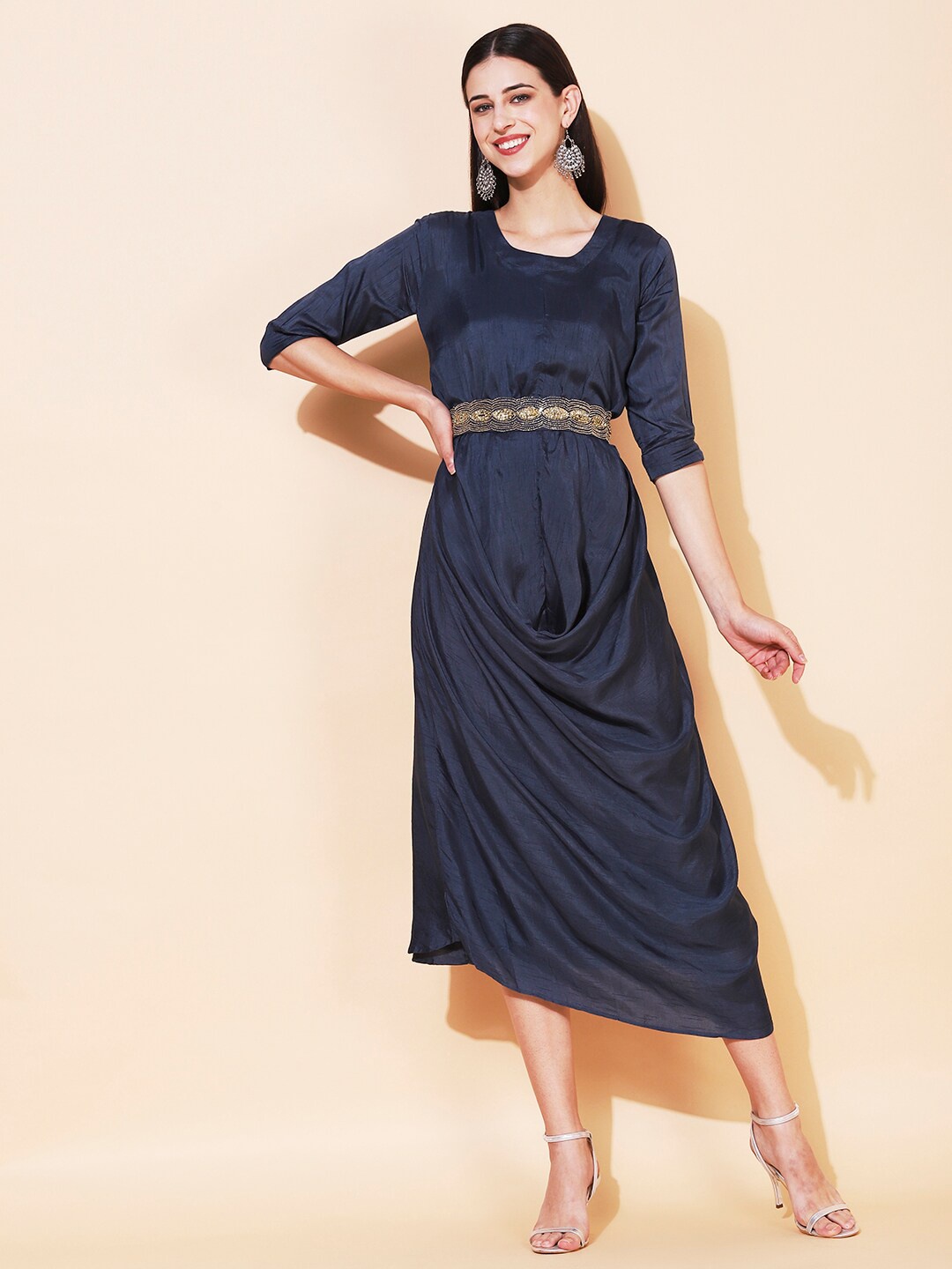 

FASHOR Three-Quarter Sleeves Fit and Flare Midi Dress, Navy blue
