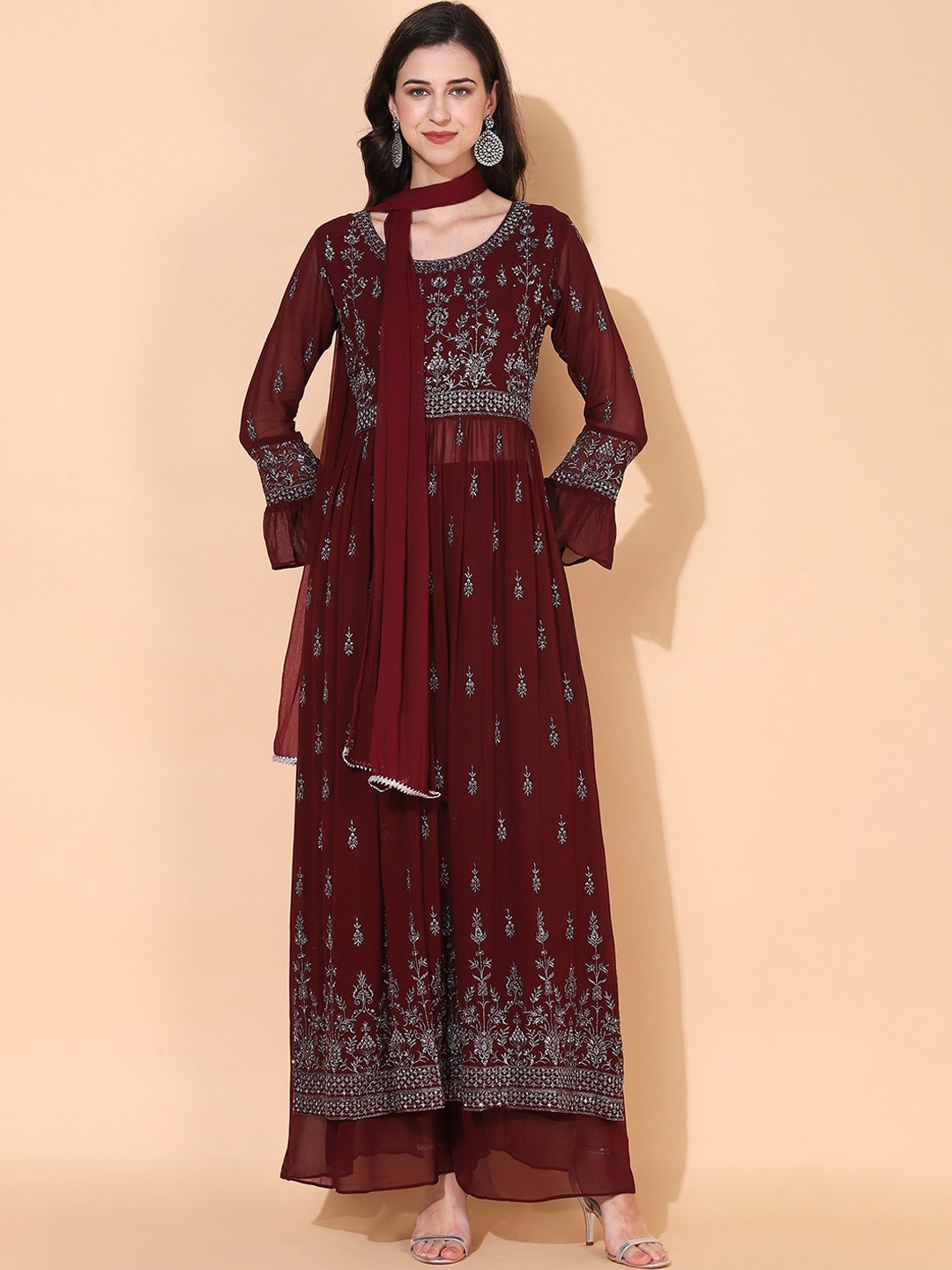 

FASHOR Women Maroon & Silver Embroidered A-Line Kurta with Palazzos & With Dupatta