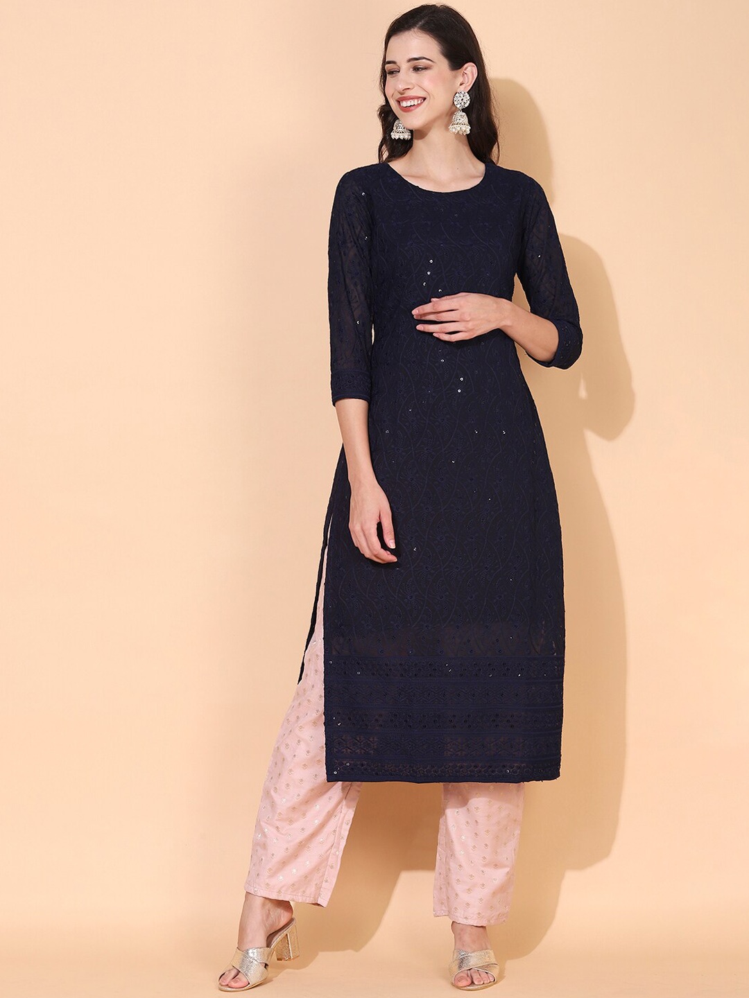 

FASHOR Women Blue Ethnic Motifs Embroidered Thread Work Georgette Kurta