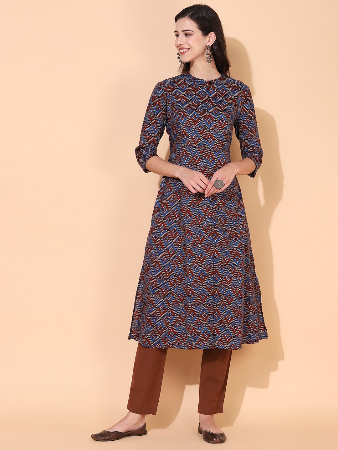 

FASHOR Women Brown & Blue Ethnic Motifs Printed A-Line Cotton Kurta
