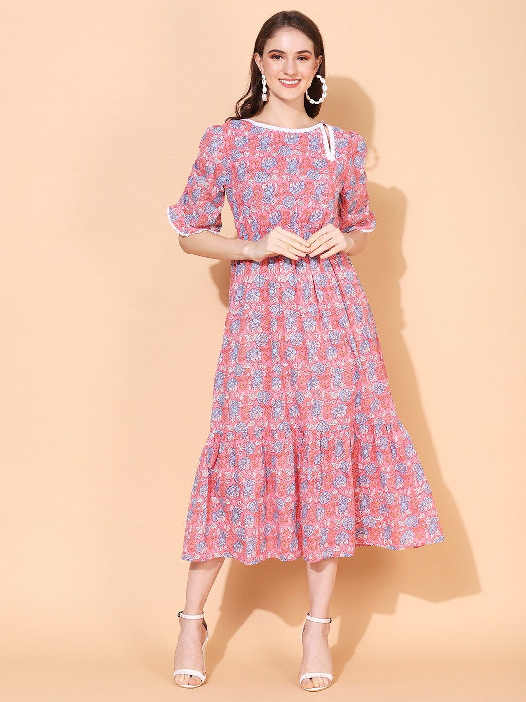 

FASHOR Pink Floral Midi Cotton Dress