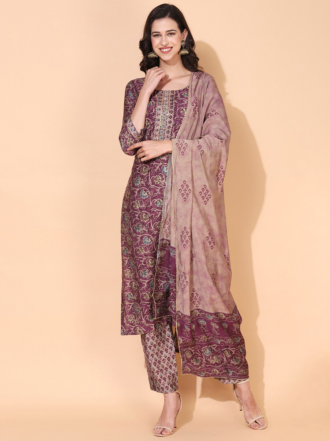 

FASHOR Women Purple & Beige Embroidered Straight Kurta with Trousers & With Dupatta