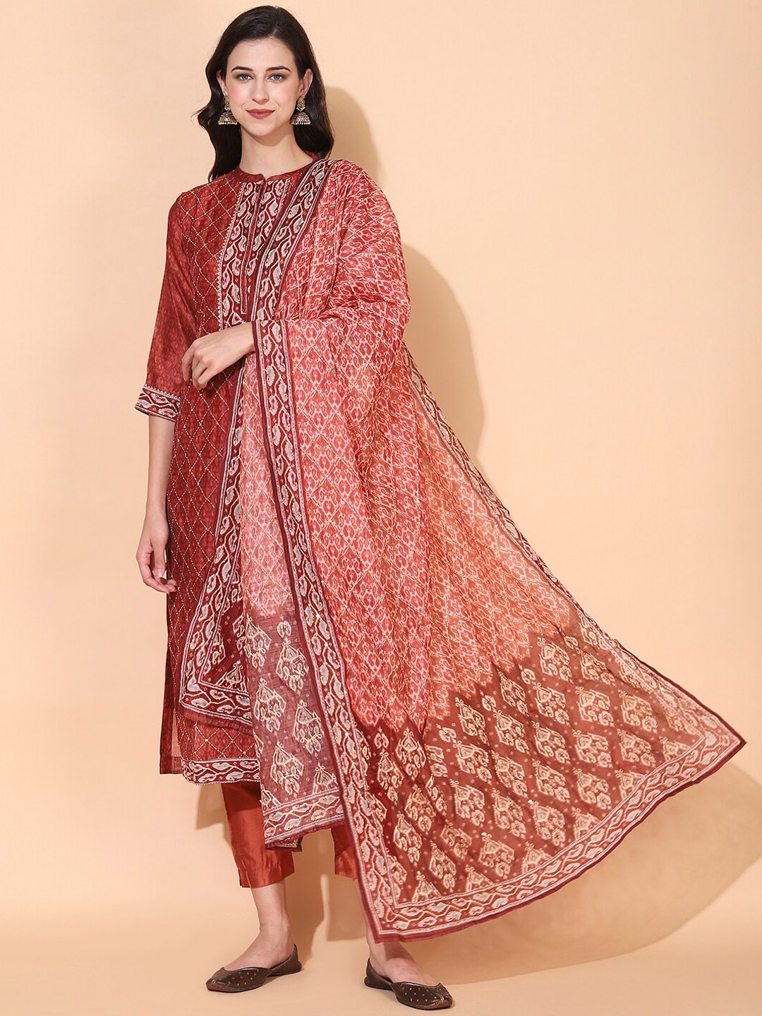 

FASHOR Women Rust Embroidered Chanderi Silk Straight Kurta with Trousers & With Dupatta