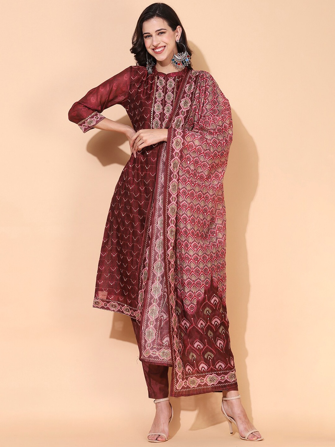 

FASHOR Women Burgundy Embroidered Straight Kurta with Trousers & With Dupatta